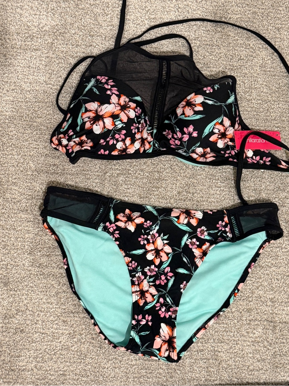 Xhilaration Black Floral Bikini Set with Mint Lining